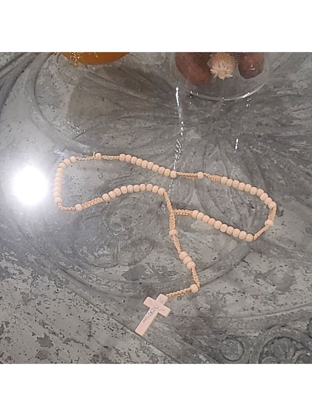 Handmade Rosary Necklace with St Benedict Crucifix Cross - Khaki
